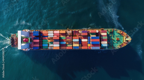 Aerial view of an container ships sail across the ocean, carrying goods and cargo to ports around the world