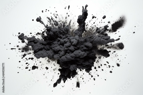 Black powder explosion on white background with charcoal-like particles. Generative AI photo