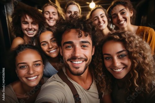 Group of handsome young people smiling and taking selfie at party in club. Friends meeting concept. AI generated