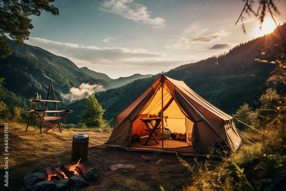 an elevated camping spot amid mountains, featuring a tent ideal for advanced hiking. Exhibits a thematic essence. Generative AI