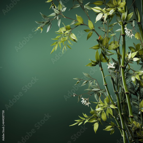 Bamboo leaves decor on green background 