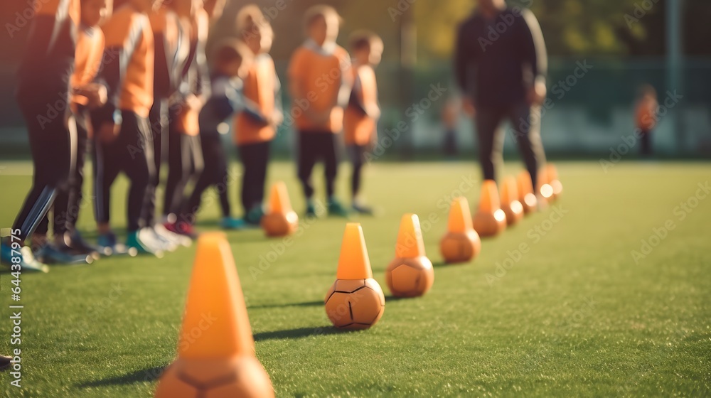 blurred image of Coach is coaching Children Training In Soccer Team - obrazy, fototapety, plakaty 