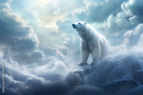 Arctic polar bear amidst frozen terrain with a cloudy sky above. Generative AI
