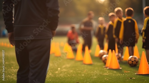 blurred image of Coach is coaching Children Training In Soccer Team