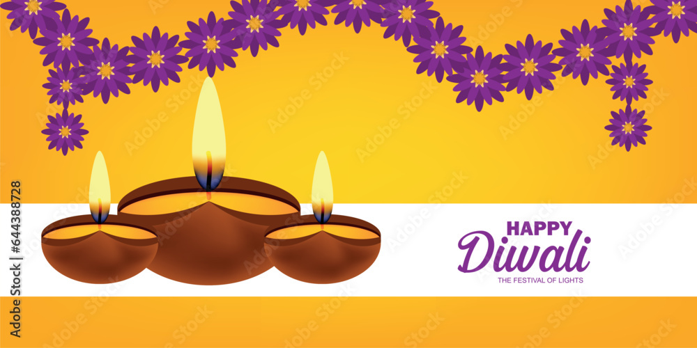 Happy Diwali background with Diya and floral decoration