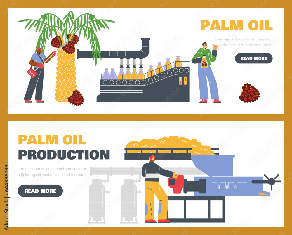 Set of website banner templates about palm oil production flat style, vector illustration