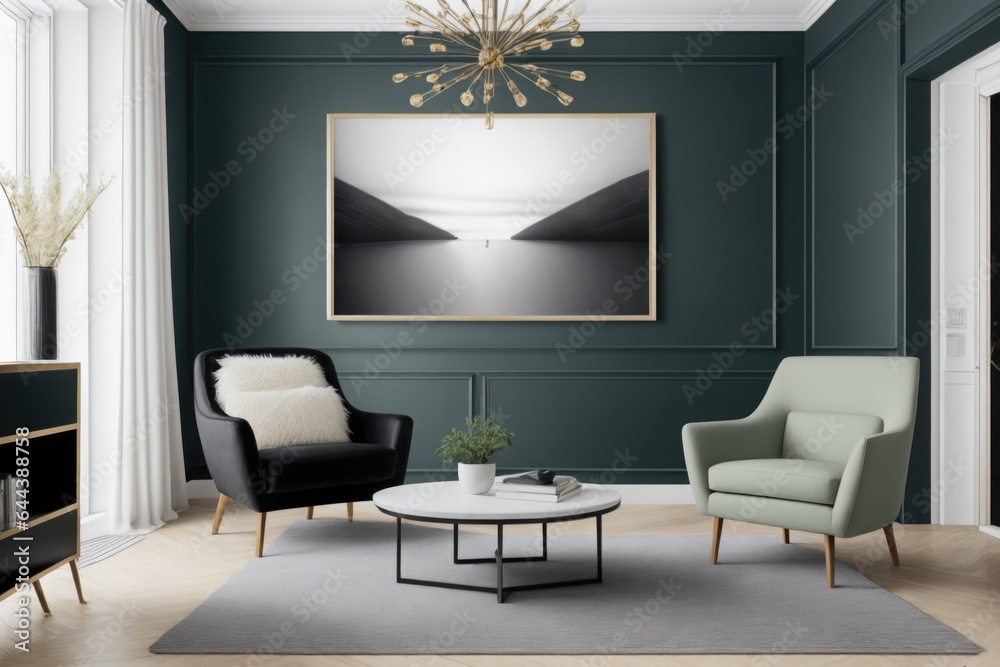 Interior mockup with picture frame on a Wall. Living room with sofa and painting on a wall 3D render. Interior mockup with picture frame on a Wall. Living room with sofa and painting on a wall 3D render.