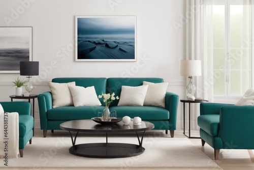 Interior mockup with picture frame on a Wall. Living room with sofa and painting on a wall 3D render. © Viktor