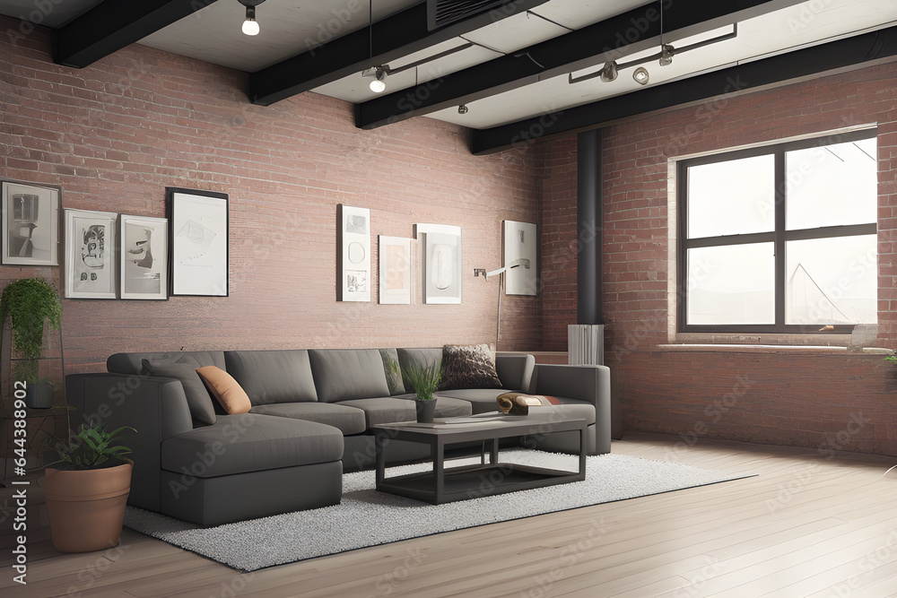Living room interior in loft, industrial style, 3d render Living room interior in loft, industrial style, 3d render