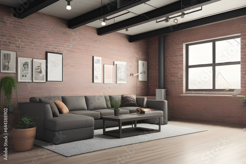 Living room interior in loft, industrial style, 3d render © Nyetock