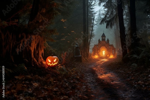 A jack-o-lantern illuminates a spooky forest cemetery during the holiday season. Generative AI