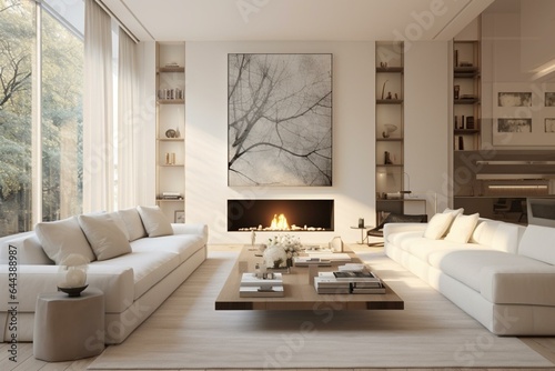 Contemporary living space featuring a white theme and a cozy fireplace. Generative AI © Sirius