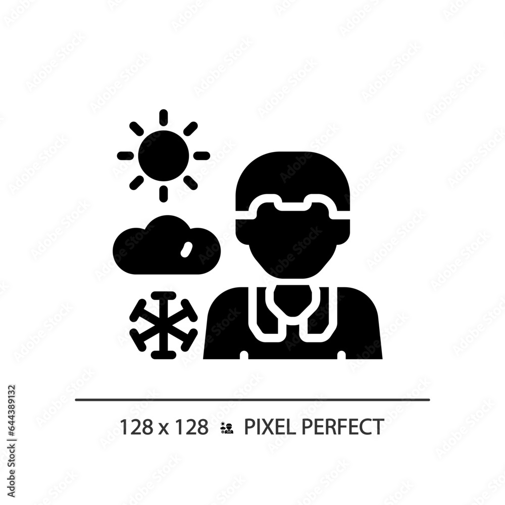 2D pixel perfect glyph style weather newscaster icon, isolated vector, thin line illustration representing journalism. 2D pixel perfect glyph style weather newscaster icon, isolated vector, thin line illustration representing journalism.