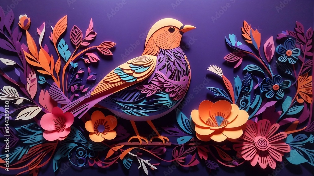 Obraz premium Elegant 3D Paper Art Background, Bird and Flower Illustration in Stunning Detail