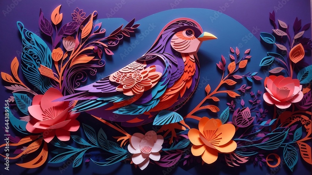 Obraz premium Elegant 3D Paper Art Background, Bird and Flower Illustration in Stunning Detail