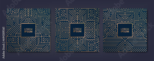 Vector set of fancy art deco cards, geometric line patterns, square labels, gatsby vintage frames. Design elements for placards, banners, flyers, presentations.
