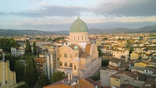 The Great synagogue of Florenze illuminated by the setting sun. Drone dolley shot photo
