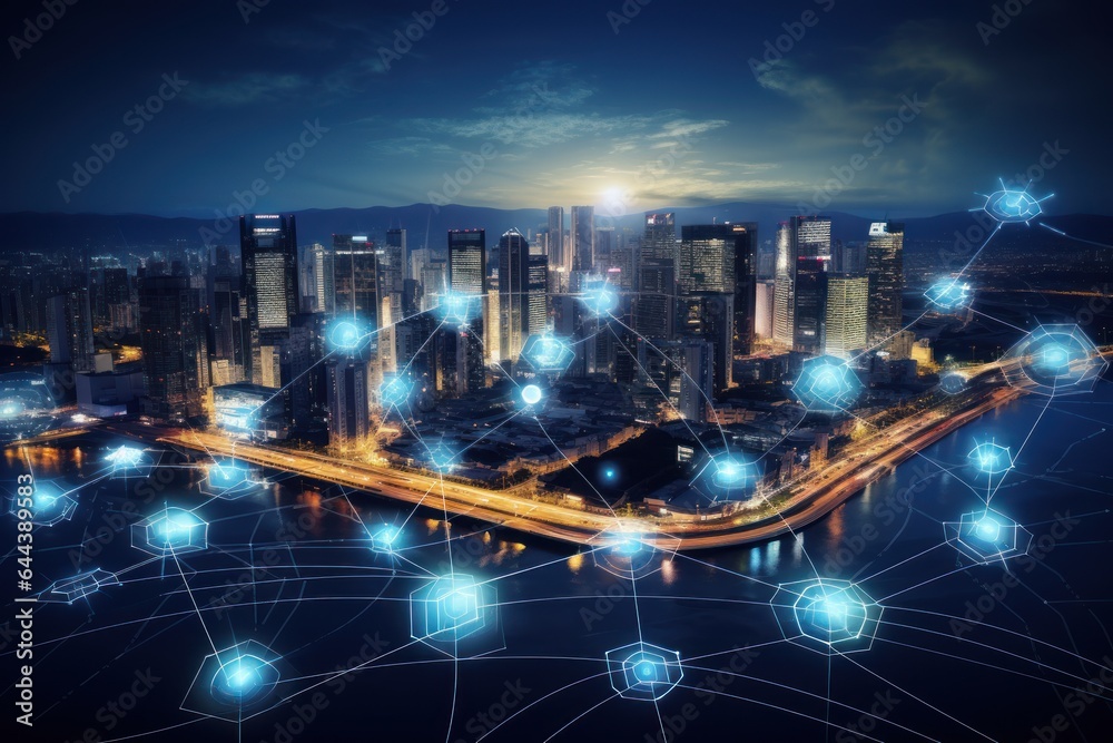 Smart city and big data concept. Futuristic cityscape at night. Generative AI