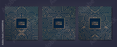 Vector set of fancy art deco cards, geometric line patterns, square labels, gatsby vintage frames. Design elements for placards, banners, flyers, presentations.