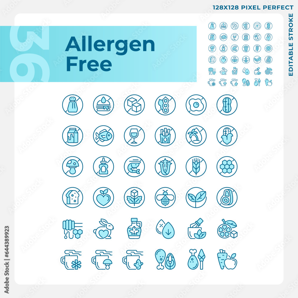 2D pixel perfect blue icons pack representing allergen free, editable ...