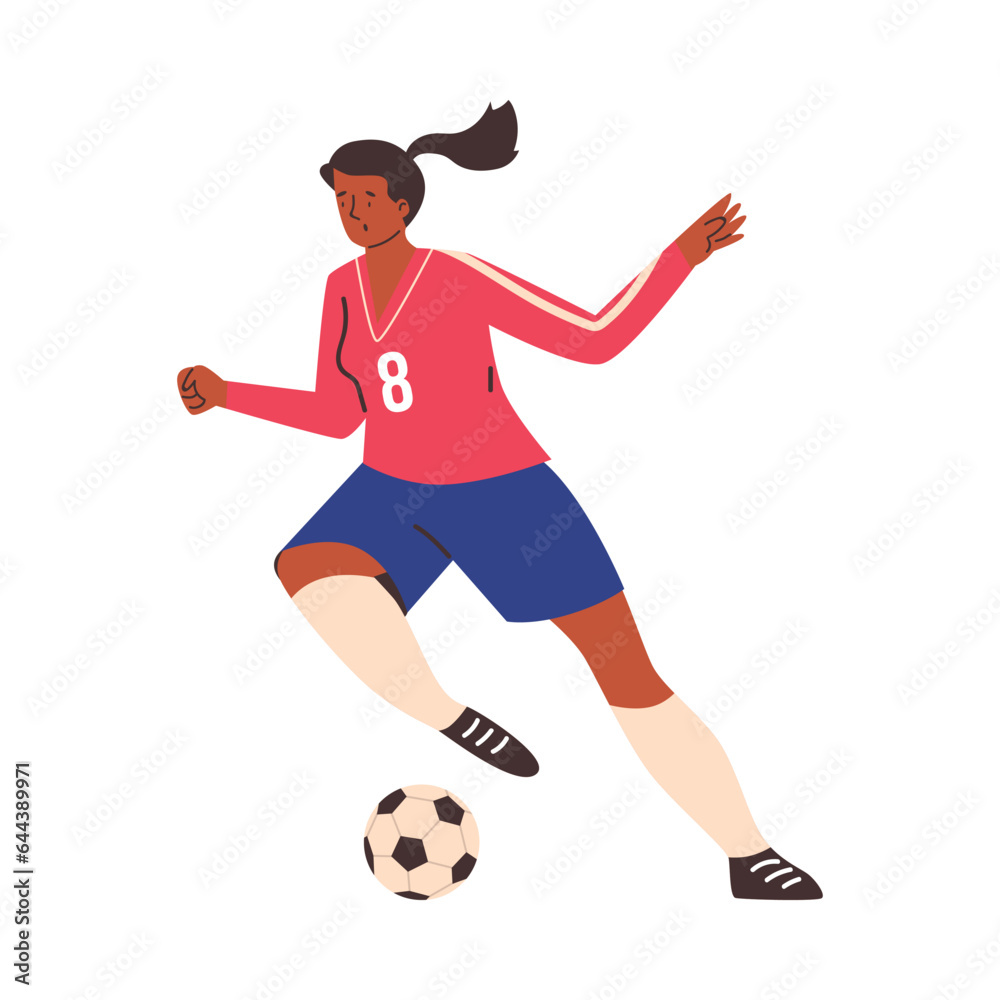 Woman playing soccer, kicking ball, flat vector illustration isolated on white background.