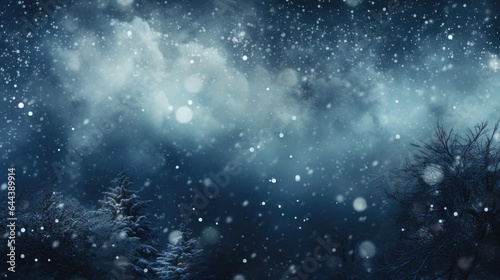 Winter dark blue background with snowfall and spruce branches