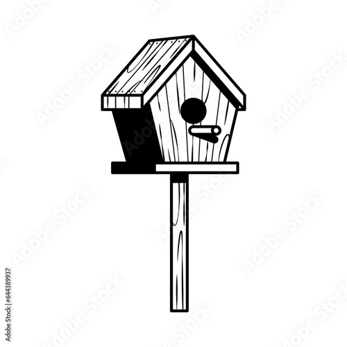 Wooden bird house line art. Vector isolated on white background.