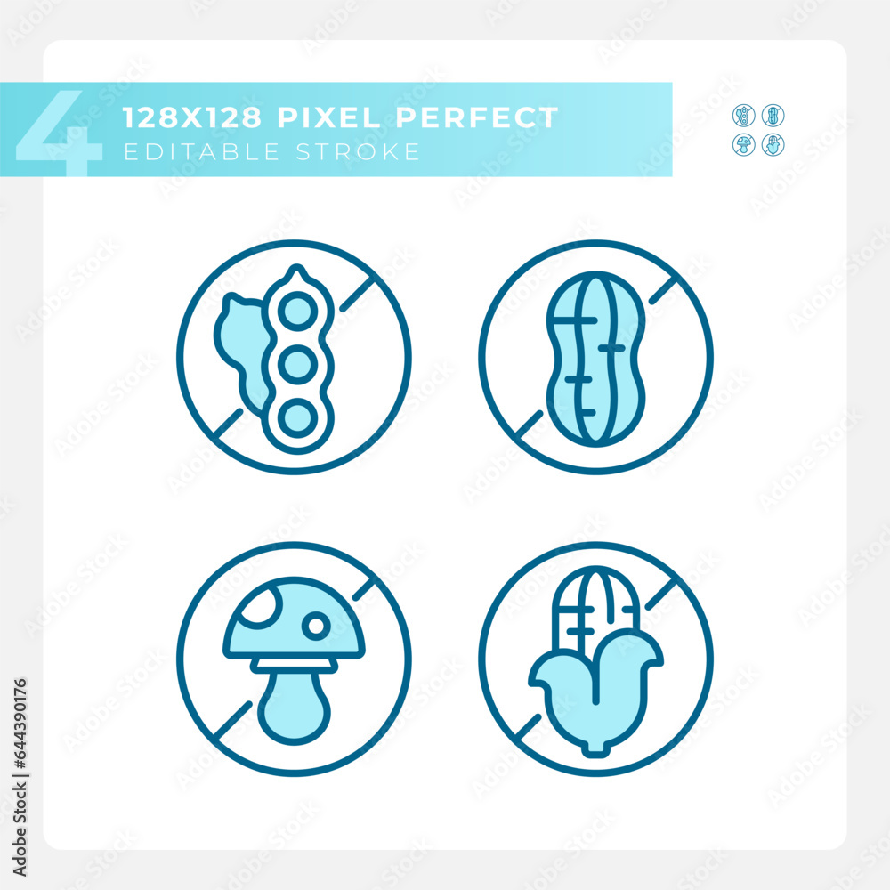 2D pixel perfect set of blue icons representing allergen free, editable thin line illustration. 2D pixel perfect set of blue icons representing allergen free, editable thin line illustration.