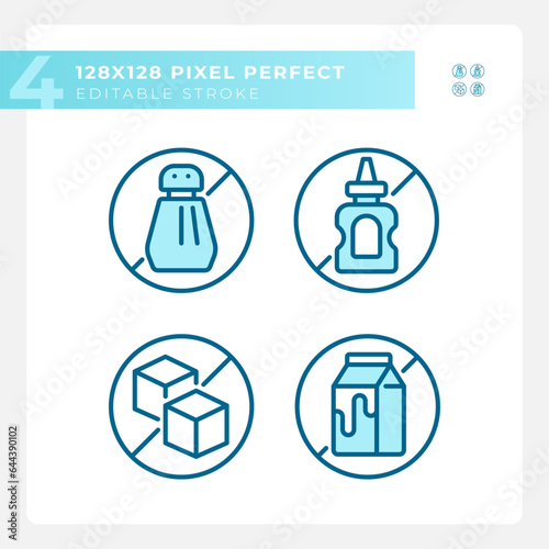 2D pixel perfect blue icons set representing allergen free, editable thin linear illustration.