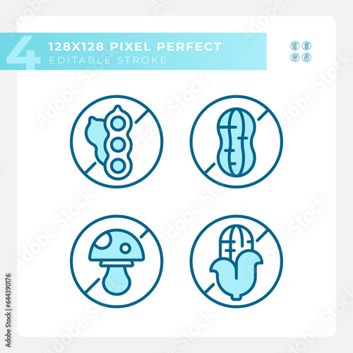 2D pixel perfect set of blue icons representing allergen free, editable thin line illustration.