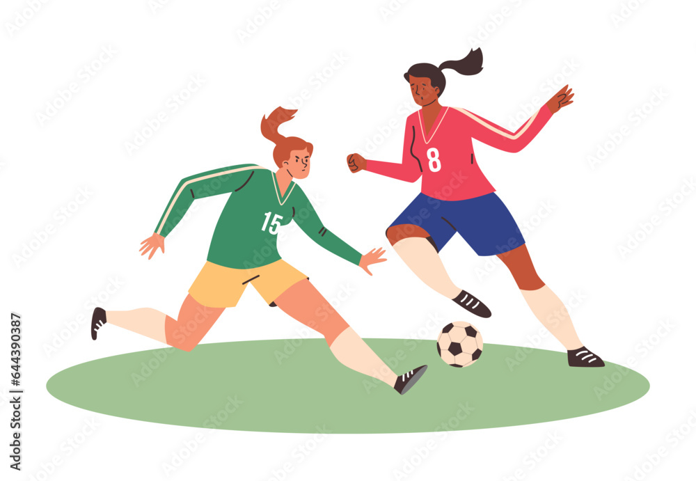 Emotional girls playing football flat style, vector illustration