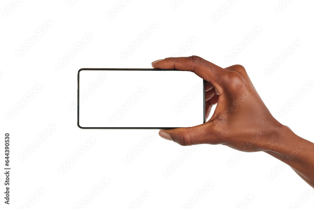 Black woman hand holds smart phone horizontally - obrazy, fototapety, plakaty 