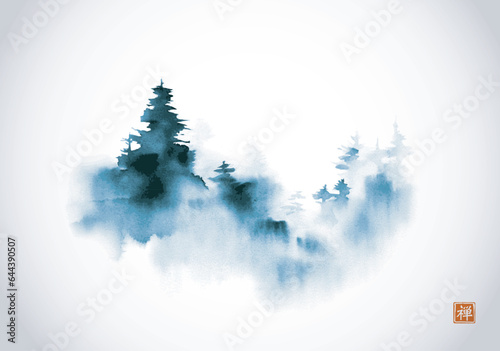 Minimalist ink landscape with blue trees, shrouded in dense fog on white background. Traditional oriental ink painting sumi-e, u-sin, go-hua. Hieroglyph - zen