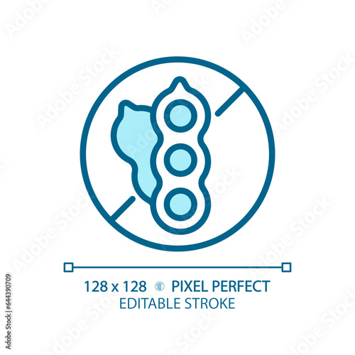 2D pixel perfect editable blue soy free icon, isolated vector, thin line illustration representing allergen free.