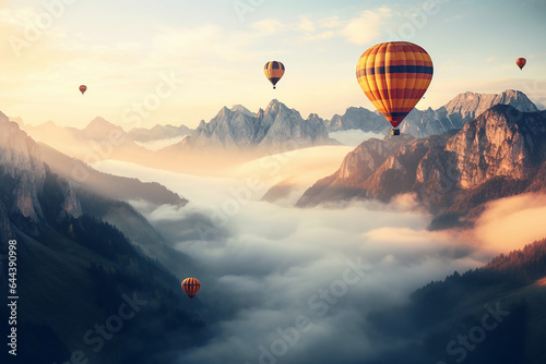 Hot air balloons flying over the mountains