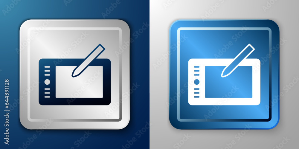 White Graphic tablet icon isolated on blue and grey background. Silver and blue square button. Vector White Graphic tablet icon isolated on blue and grey background. Silver and blue square button. Vector