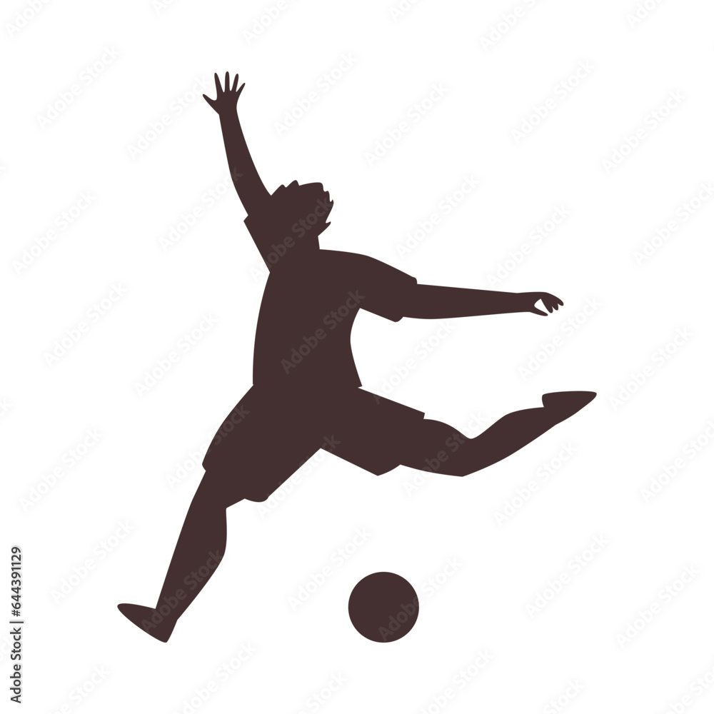 Silhouette of football player running and kicking ball, flat vector illustration isolated on white background.