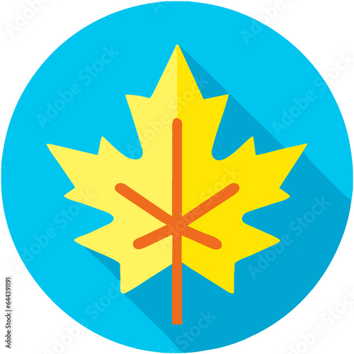A yellow Maple leaf flat icon with a long shadow set against a vibrant blue round background  perfect for autumn-themed designs and concept