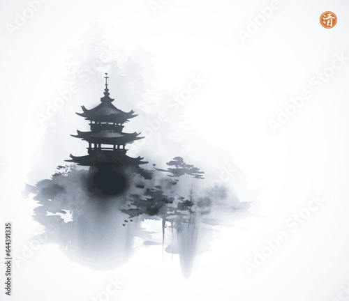 Minimalist ink landscape with black pagoda temple surrounded by trees, shrouded in dense fog. Traditional oriental ink painting sumi-e, u-sin, go-hua on white background. Hieroglyph - clarity © elinacious