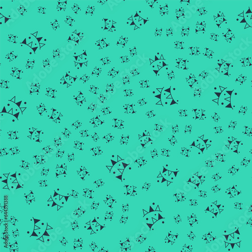 Black Carnival garland with flags icon isolated seamless pattern on green background. Party pennants for birthday celebration, festival and fair decoration. Vector