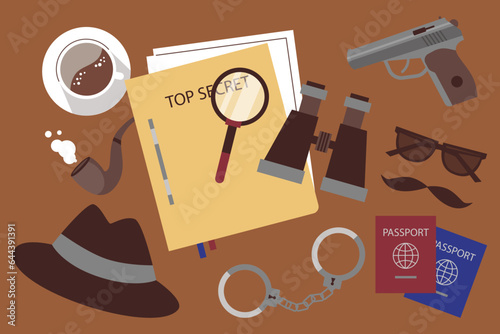 Set of secret agent different items flat style, vector illustration