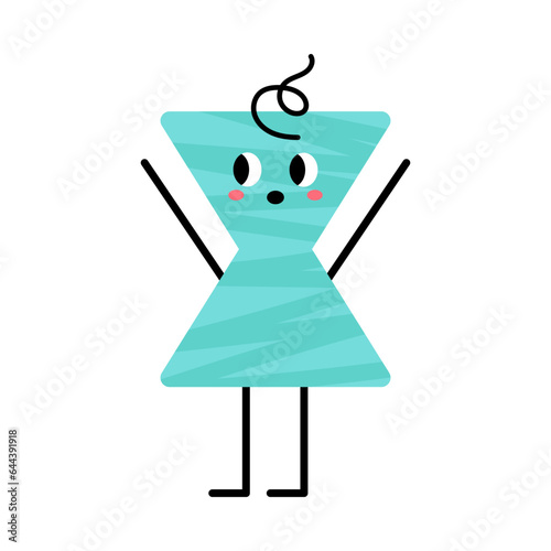 Vector blue hourglass hexagon character. Funny geometric figure with face and blush. Illustration with hourglass hexagon for school and kindergarten. Cute funny hexagon shape character for kids.