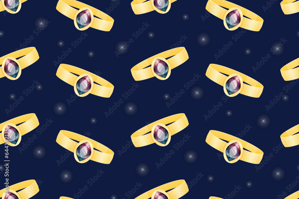 Gold engagement ring with ruby gemstone. Women expensive royal jewelry. Vector seamless pattern.