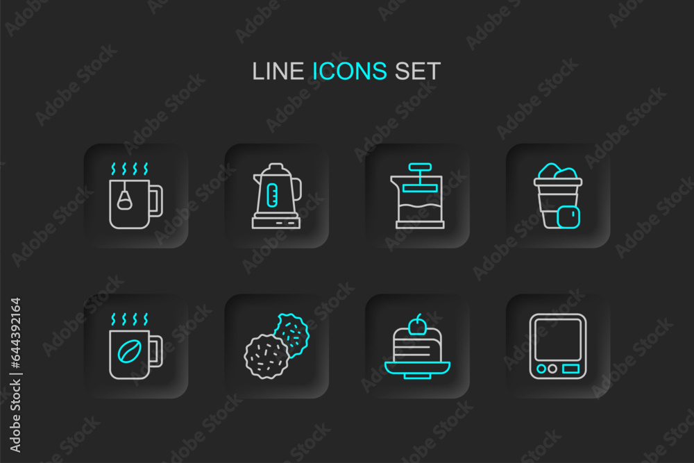 Set line Electronic coffee scales, Piece cake, Cookie or biscuit, Coffee cup, Iced, French press, Electric kettle and Cup tea with bag icon. Vector