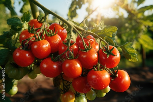 Perfect ripe branch of tomatoes grow in greenhouse or organic vegetable garden. Sunlight and blurry background.