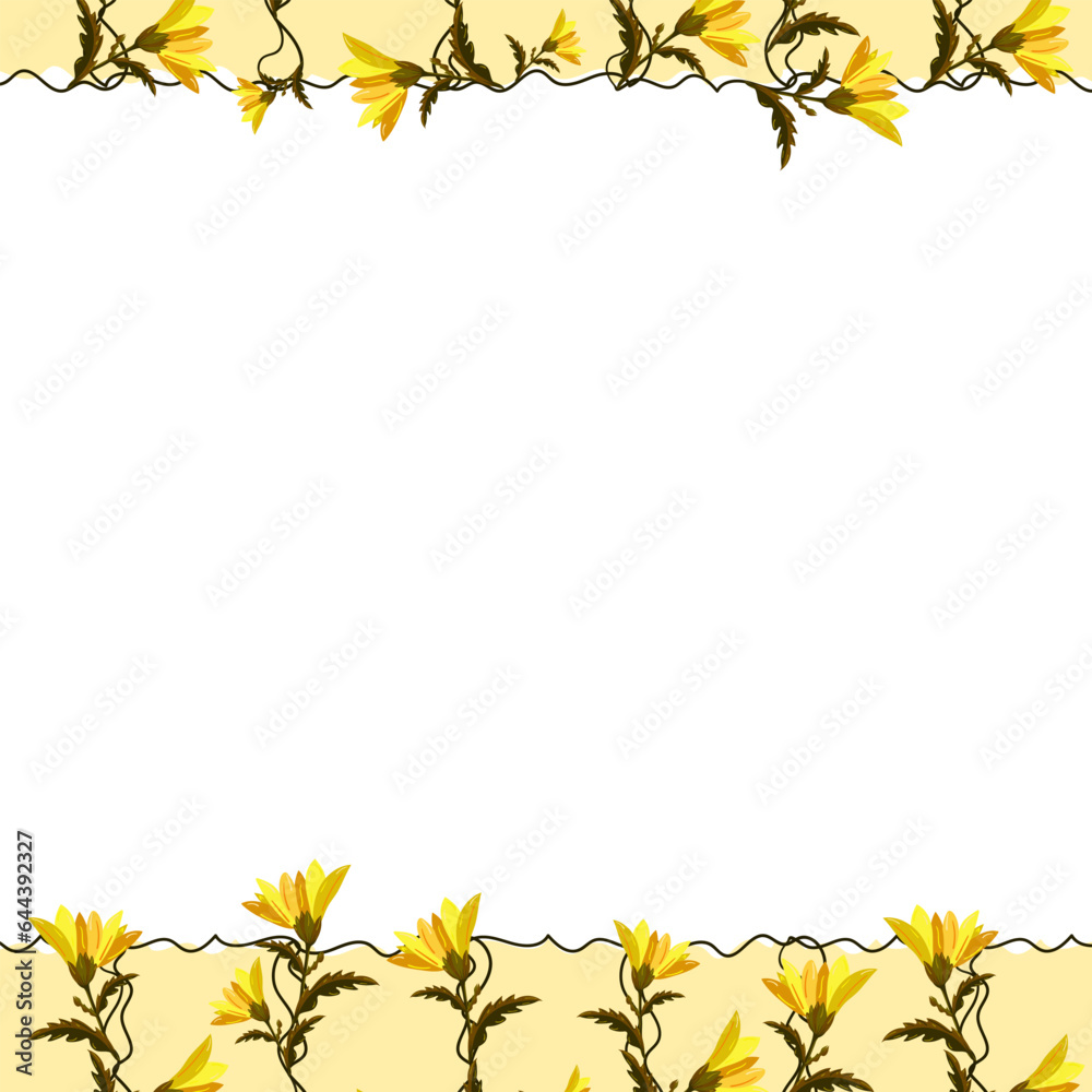 Simple border frame with yellow flowers with leaves on stems with a frame of wavy lines with copy space on a white background Simple border frame with yellow flowers with leaves on stems with a frame of wavy lines with copy space on a white background