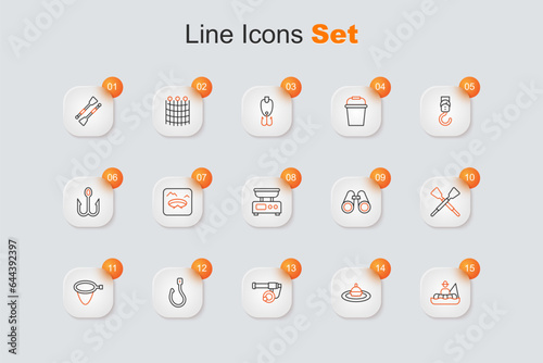 Set line Fisherman in boat, Fishing float water, rod, hook, net, Crossed oars or paddles, Binoculars and Electronic scales icon. Vector