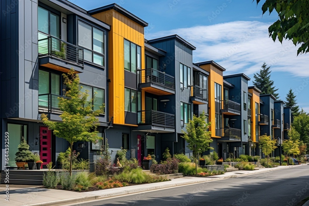 Contemporary urban community with newly built multifamily homes. Generative AI
