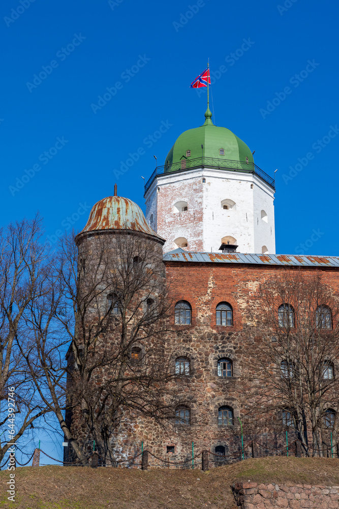 Vyborg Castle on a sunny day, Russia. Close-up
