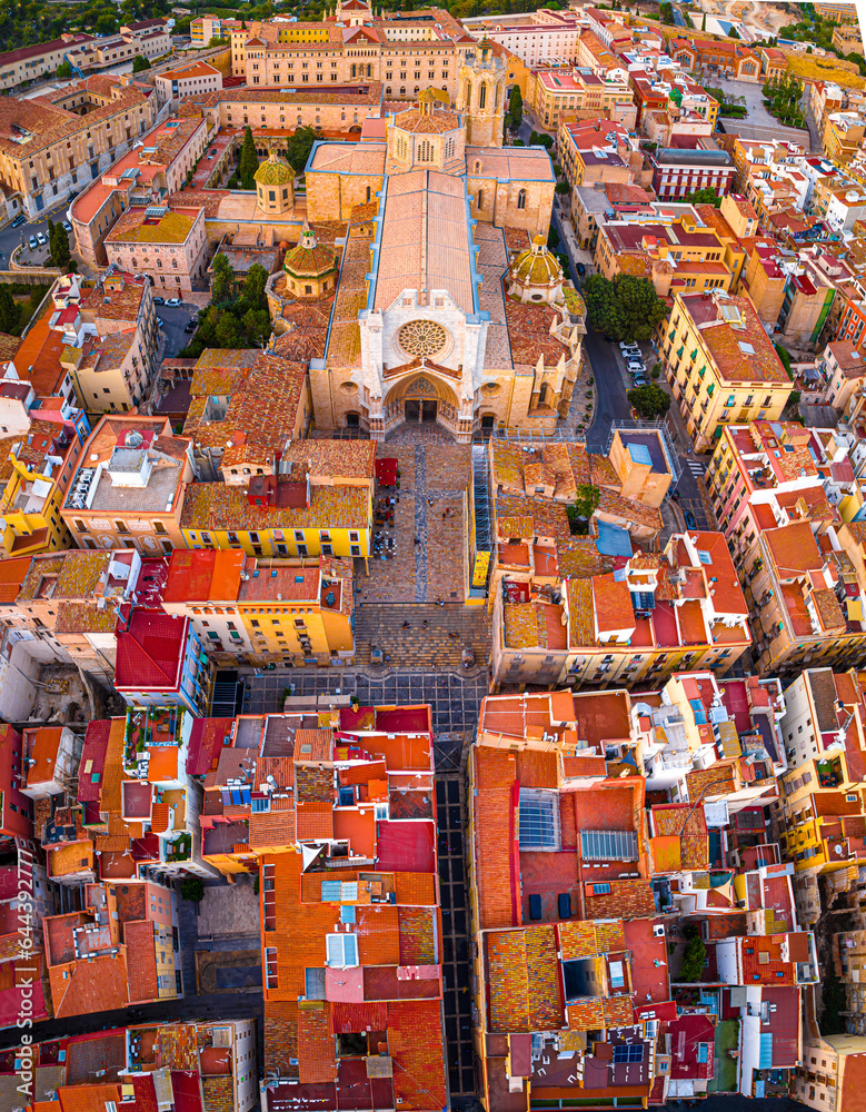 Aerial view of the Primatial Cathedral of Tarragona, a Roman Catholic church in Tarragona, Catalonia, Spain